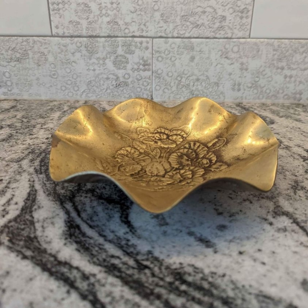 Vintage/Antique Brass scalloped Dish with Floral Design